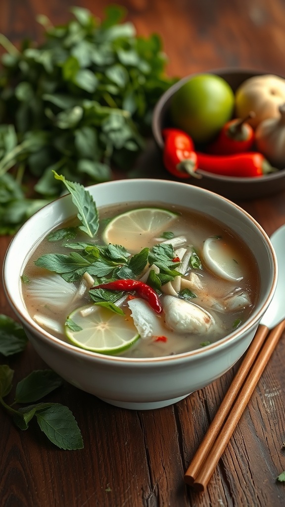 A bowl of Vietnamese Pho with fresh herbs, lime, and chilies on a wooden table.