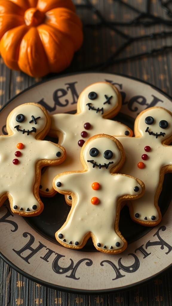 Plate of decorated voodoo doll cookies with a small pumpkin in the background