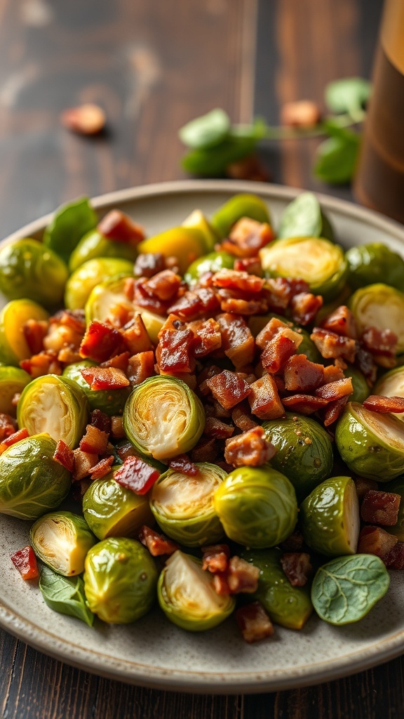 A warm Brussels sprouts salad with crispy bacon and spinach on a plate.