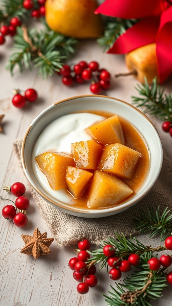 A bowl of warm spiced pear compote with yogurt, surrounded by festive decorations.