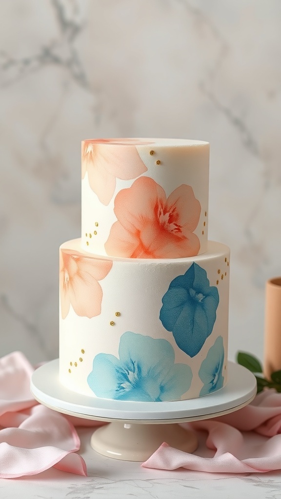 A two-tiered cake with a watercolor floral design in soft colors.