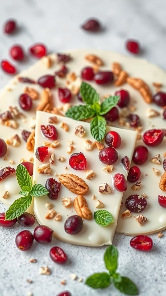 White chocolate bark topped with cranberries, pecans, and mint leaves.