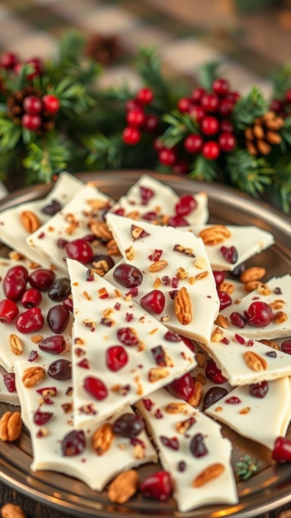 A plate of white chocolate cranberry bark topped with nuts and cranberries, surrounded by festive decorations.