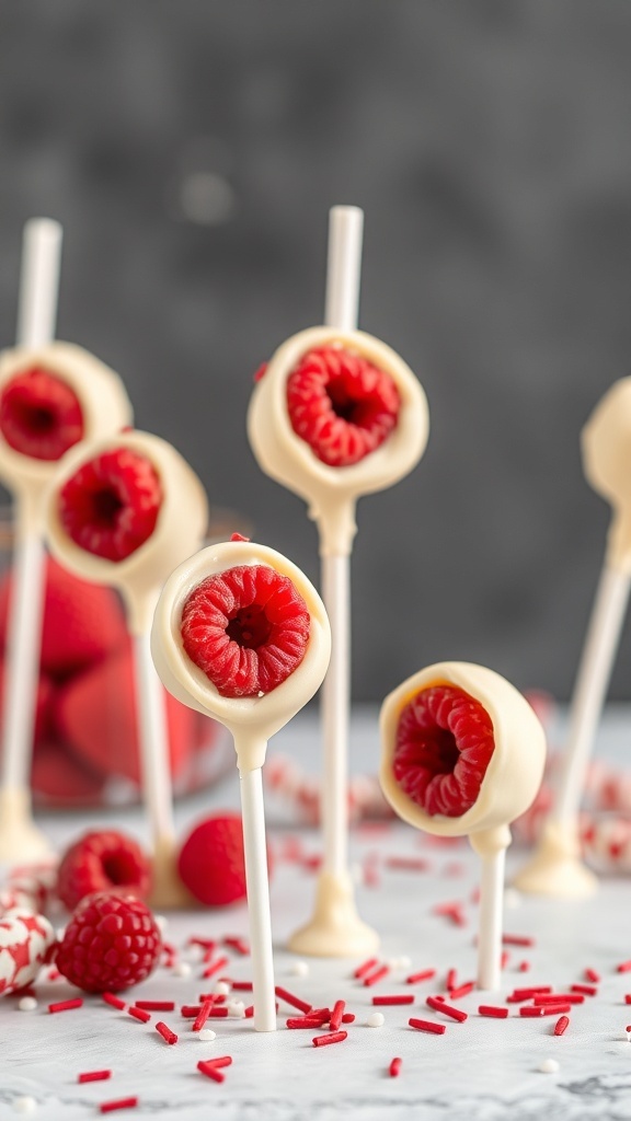 White chocolate raspberry cake pops with fresh raspberries and sprinkles