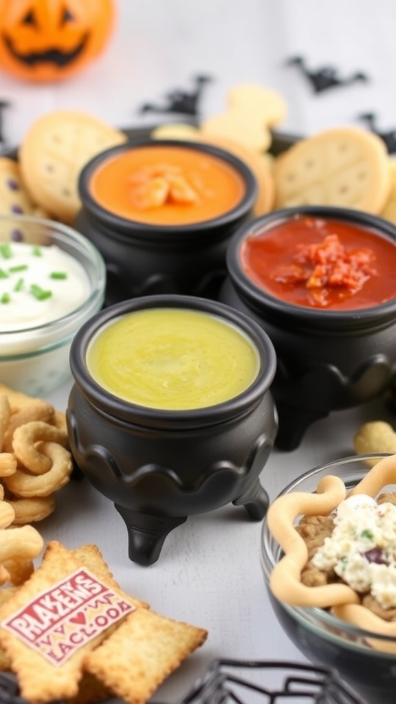 A Halloween-themed charcuterie board featuring various dips in mini cauldrons surrounded by snacks.