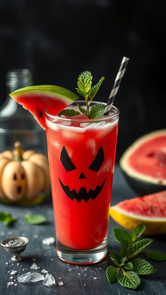 A glass of wicked watermelon juice with a jack-o'-lantern face, garnished with mint and a slice of watermelon, surrounded by fresh watermelon and decorative pumpkins.