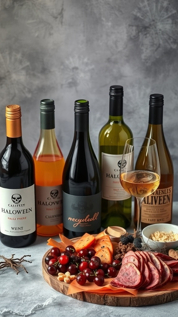 A Halloween-themed charcuterie board featuring various wines and an assortment of meats and fruits.