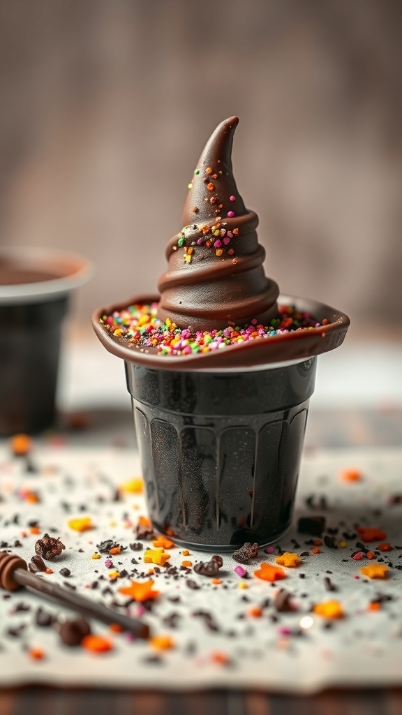 Wicked Witch's Dirt Cups with chocolate swirl and colorful sprinkles