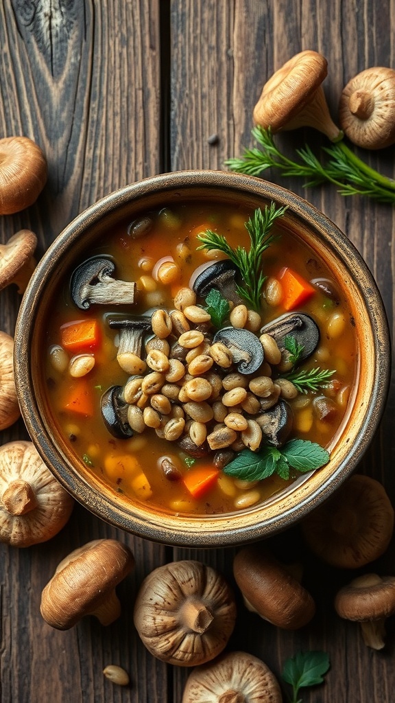 A bowl of wild mushroom and barley soup surrounded by fresh mushrooms on a wooden table.