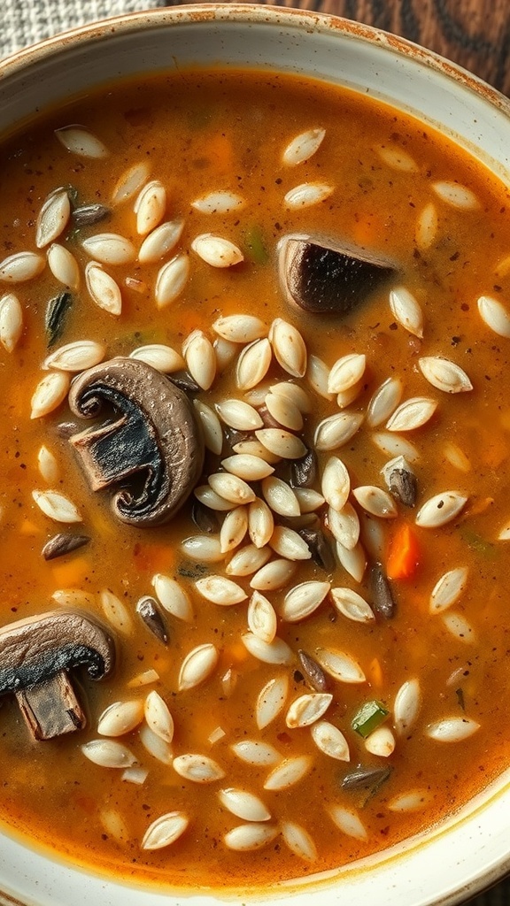 A bowl of wild rice and mushroom soup with mushrooms and seeds on top.