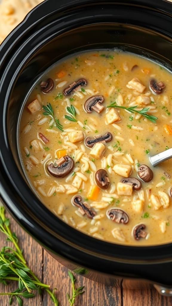 A bowl of wild rice and mushroom soup in a crock pot, featuring mushrooms, rice, and herbs.