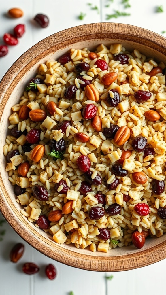 A bowl of wild rice pilaf with cranberries and nuts.