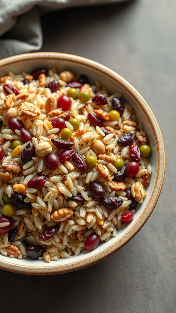 A bowl of wild rice pilaf with nuts and dried fruit, showcasing a colorful mix of ingredients.