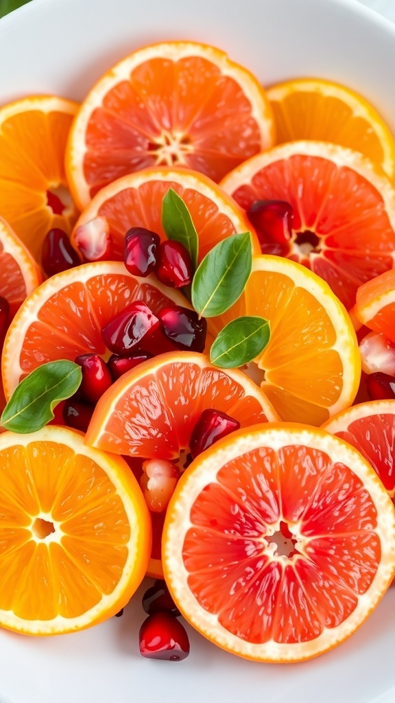 A vibrant winter citrus salad featuring slices of oranges, grapefruit, and blood oranges, topped with pomegranate seeds and mint leaves.