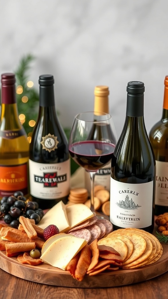 A festive Christmas charcuterie board with assorted cheeses, cured meats, fresh fruits, and wine bottles.
