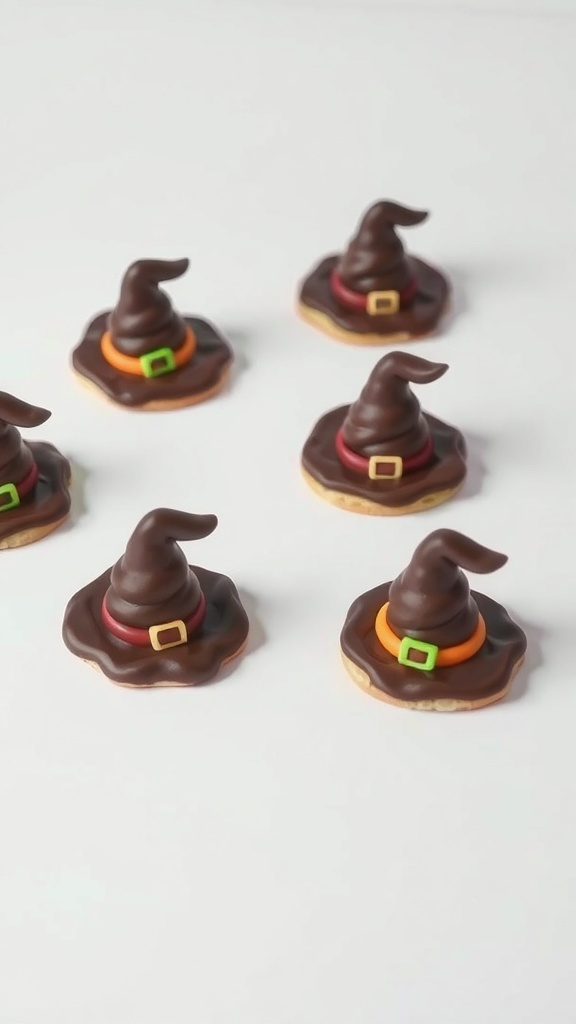 A collection of witch hat cookies, featuring chocolate hats on a cookie base, decorated with colorful candy bands.