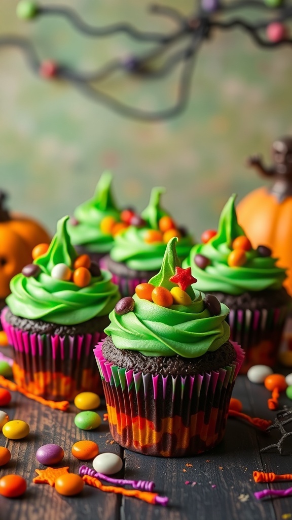 Colorful Witch's Brew Cupcakes with green frosting and candy toppings