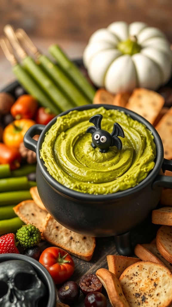 A cauldron filled with green hummus, topped with a bat decoration, surrounded by crackers and fresh vegetables.