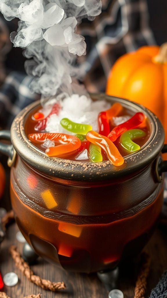 A cauldron filled with green punch, gummy worms, and ice, with smoke rising from it.