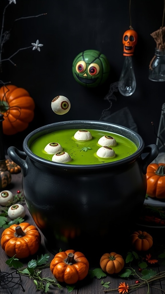 A cauldron filled with green soup, topped with eyeball-shaped ingredients, surrounded by pumpkins and Halloween decorations.