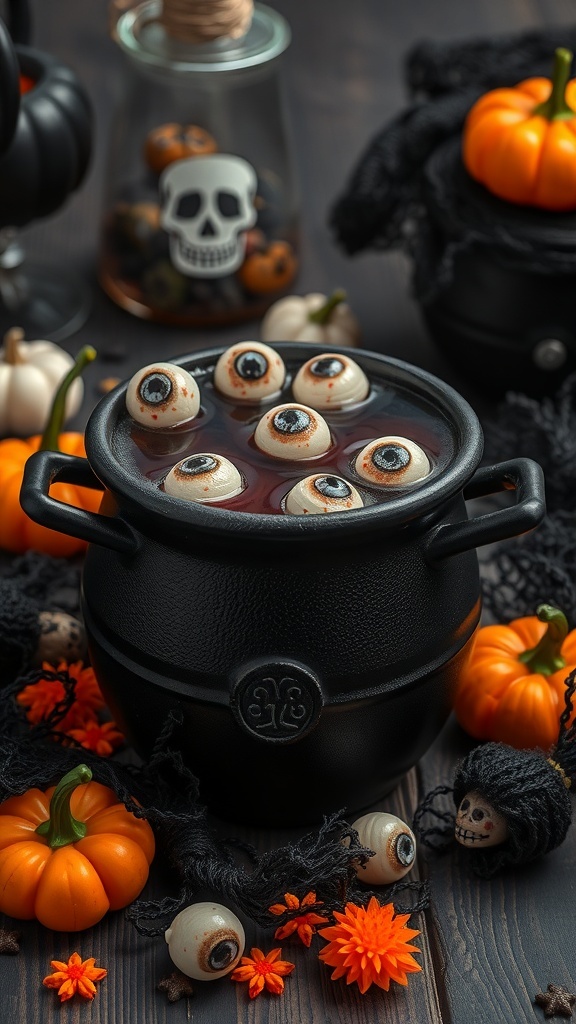 A cauldron filled with red liquid and floating eyeballs, surrounded by mini pumpkins and Halloween decorations.