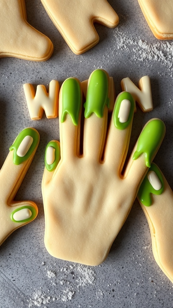 Witch's Finger Cookies shaped like hands with green icing nails