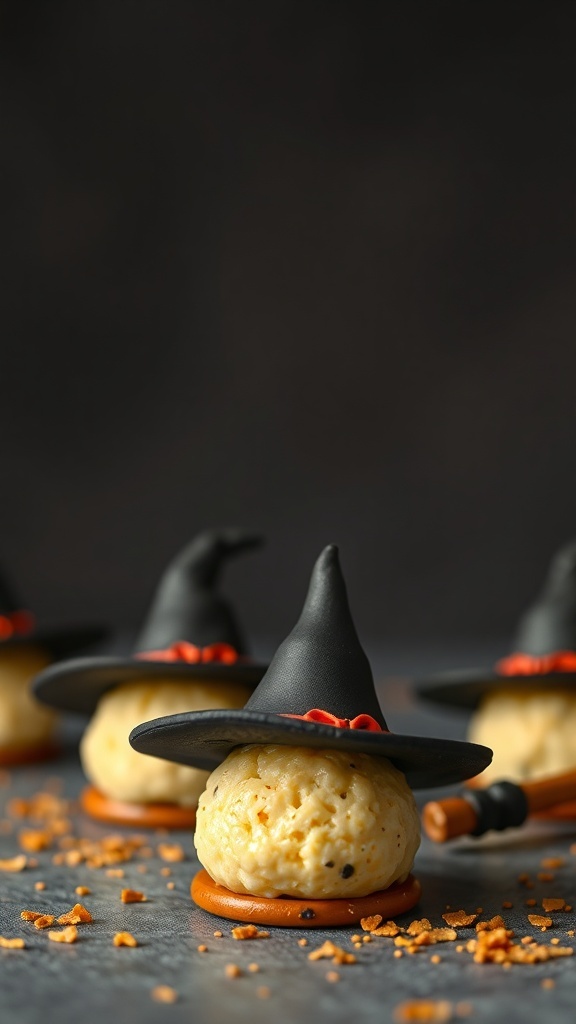 Witch's Hat Cheese Balls on a dark background