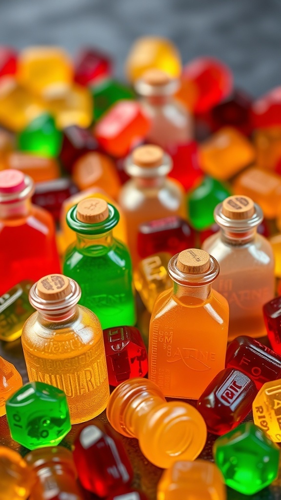Colorful gummy candies and potion-like bottles for Halloween treats