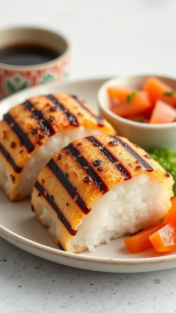 Grilled rice balls served with soy sauce and fresh vegetables