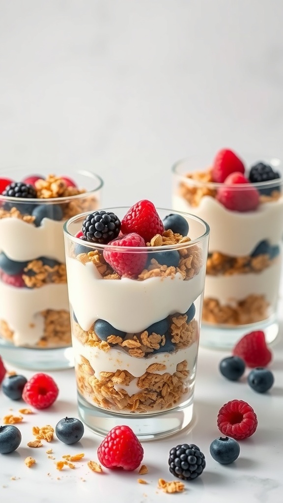 Three yogurt parfaits layered with yogurt, granola, and berries