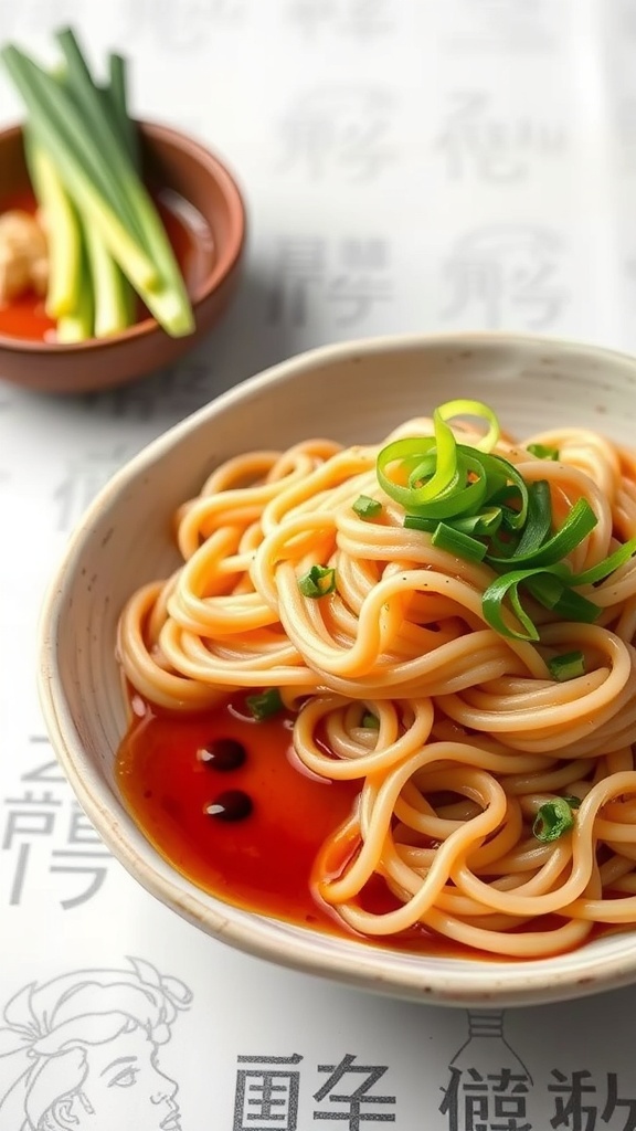 A bowl of Zaru Soba cold buckwheat noodles garnished with green onions and served with dipping sauce.