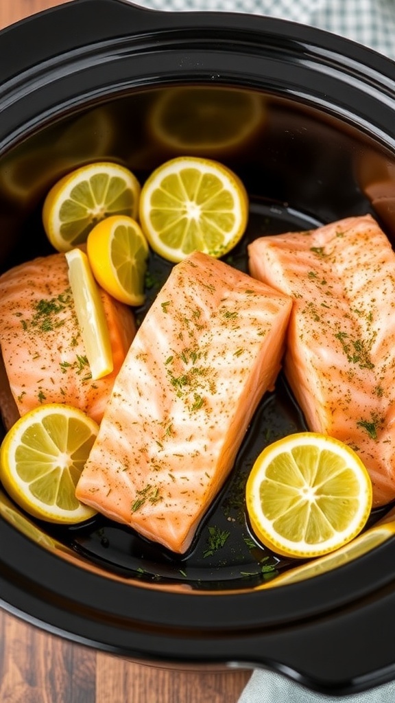 Crockpot with salmon fillets and lemon slices