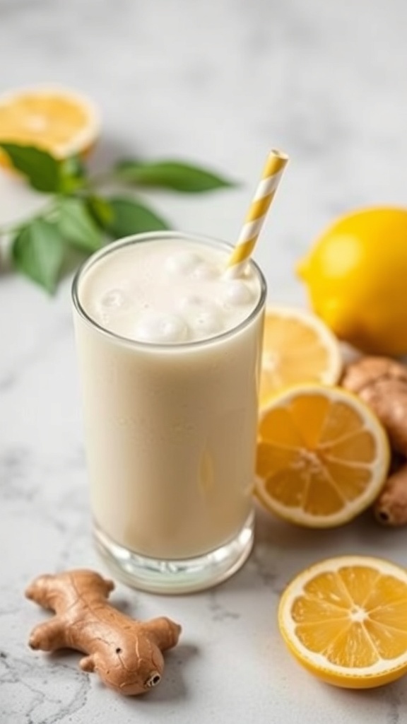 A refreshing lemon ginger smoothie in a glass with a yellow straw, surrounded by fresh lemons and ginger root.