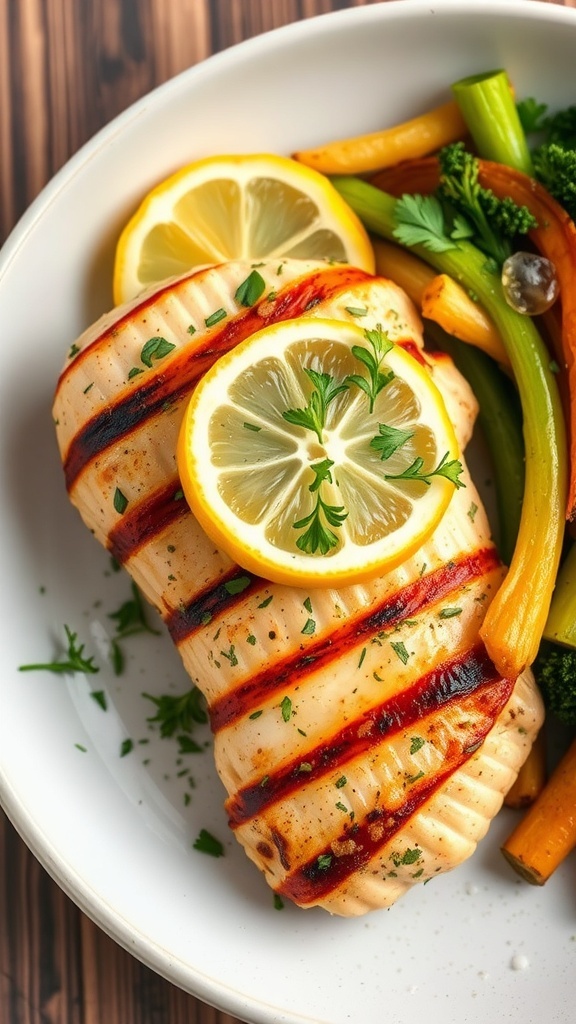 Grilled chicken with lemon slices and herbs on a plate, served with colorful vegetables.