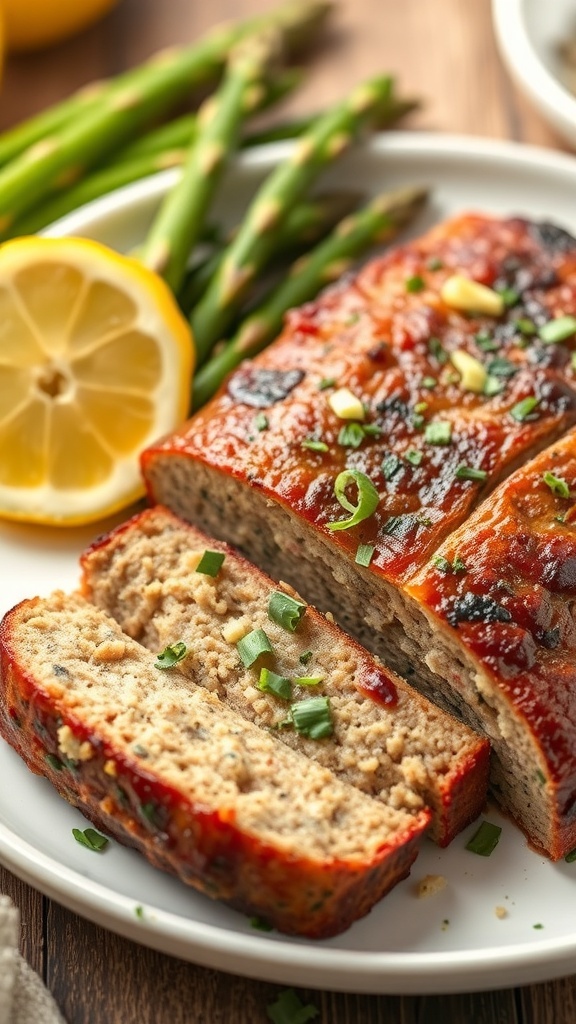 Zesty Lemon Herb Meatloaf with asparagus and lemon slices