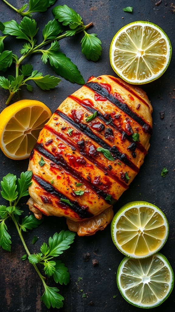 Grilled chicken breast with lime slices and fresh herbs