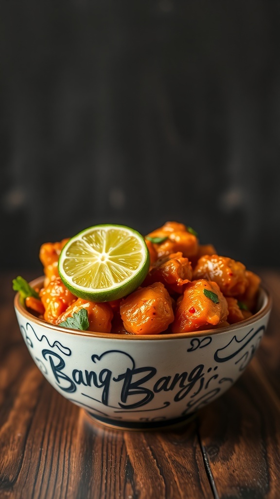 A bowl of Bang Bang Chicken with a lime wedge on top