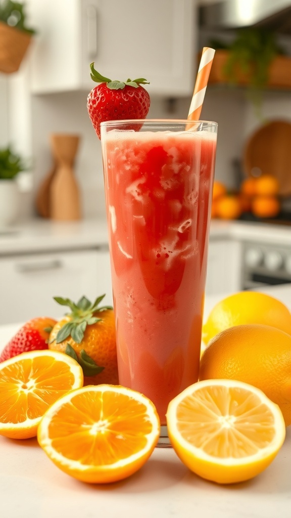A refreshing strawberry citrus smoothie in a tall glass, garnished with a strawberry, surrounded by fresh oranges and lemons.