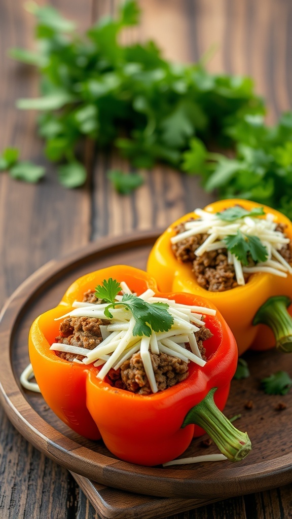 Two taco stuffed bell peppers on a wooden plate, topped with cheese and cilantro.