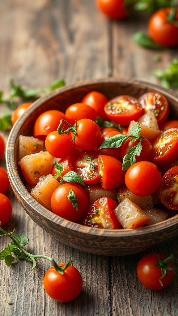 A bowl of fresh tomato salad with whole and halved tomatoes, garnished with basil leaves.