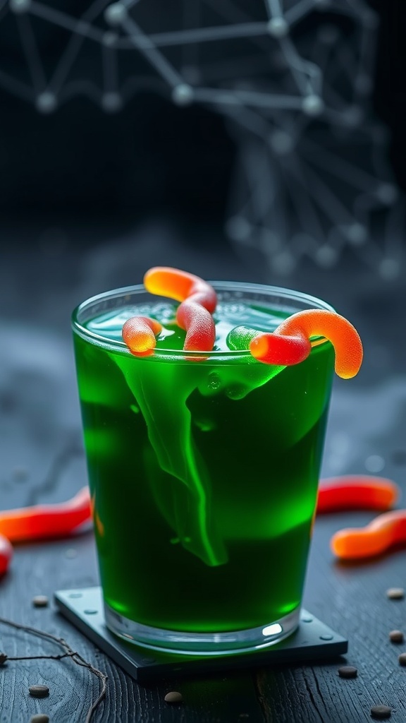 A glass of green jello with gummy worms on top, resembling a spooky Halloween treat.