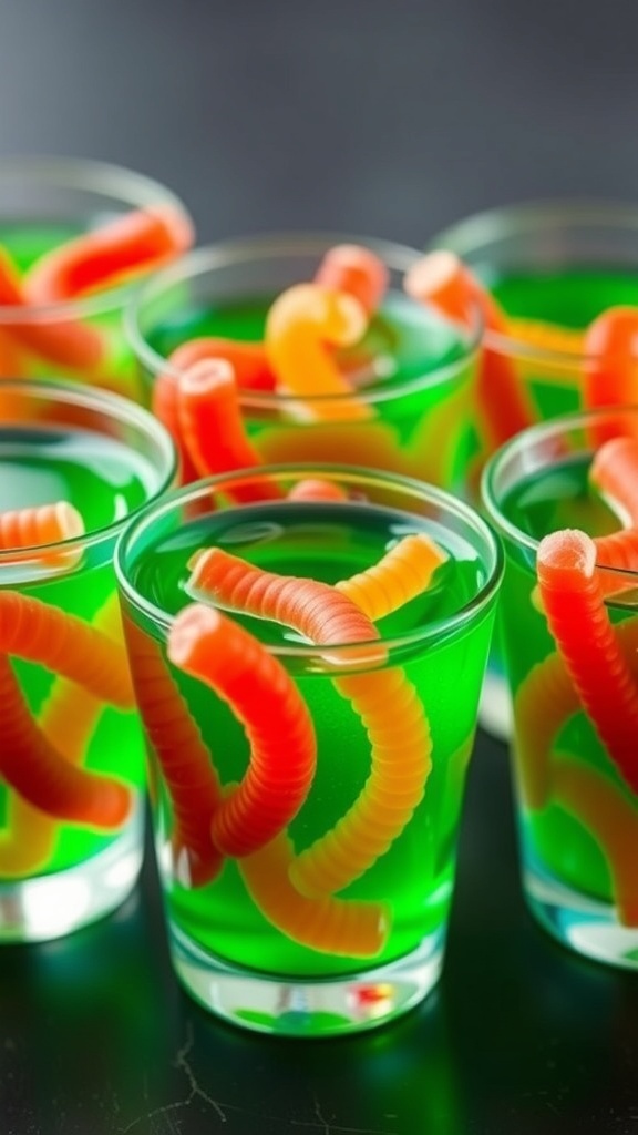 Colorful cups of green jello with gummy worms sticking out