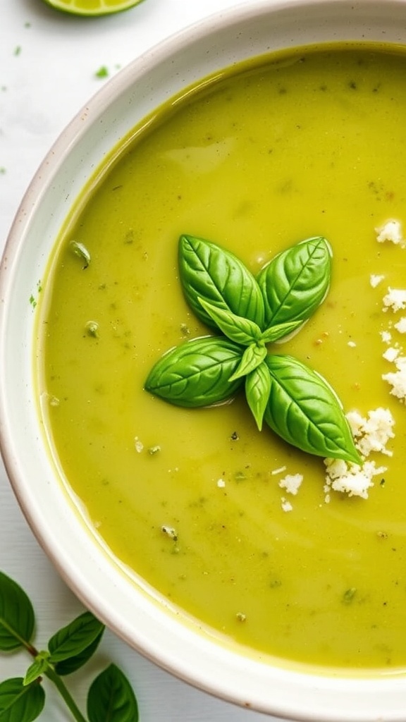 A bowl of zucchini and basil soup garnished with fresh basil leaves.