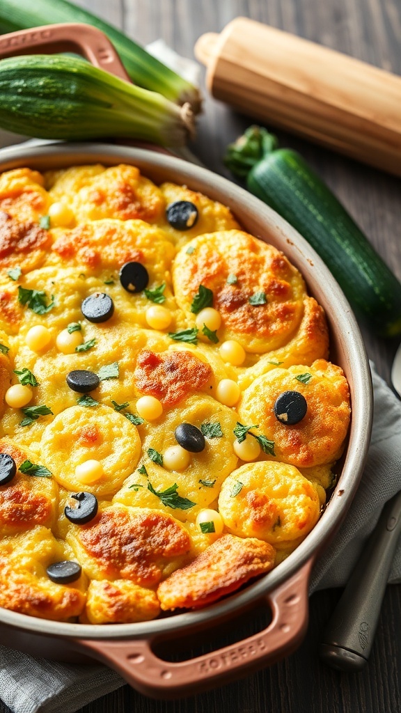 A delicious zucchini and corn breakfast casserole topped with olives and herbs, surrounded by fresh zucchinis.