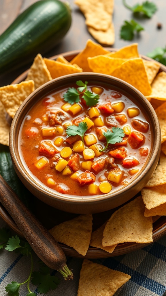A bowl of Zucchini and Corn Chili with tortilla chips and fresh cilantro on top.