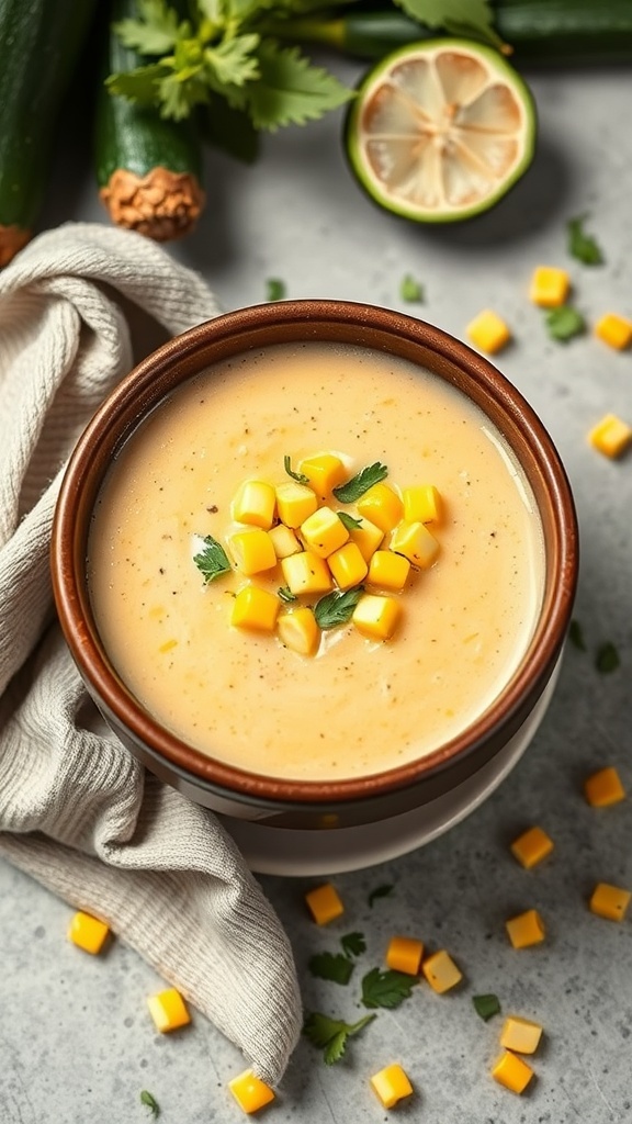 A bowl of creamy zucchini and corn chowder topped with cheese and herbs, surrounded by fresh ingredients.