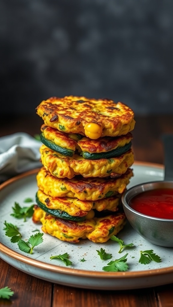 Stack of golden zucchini and corn fritters on a plate with a side of dipping sauce
