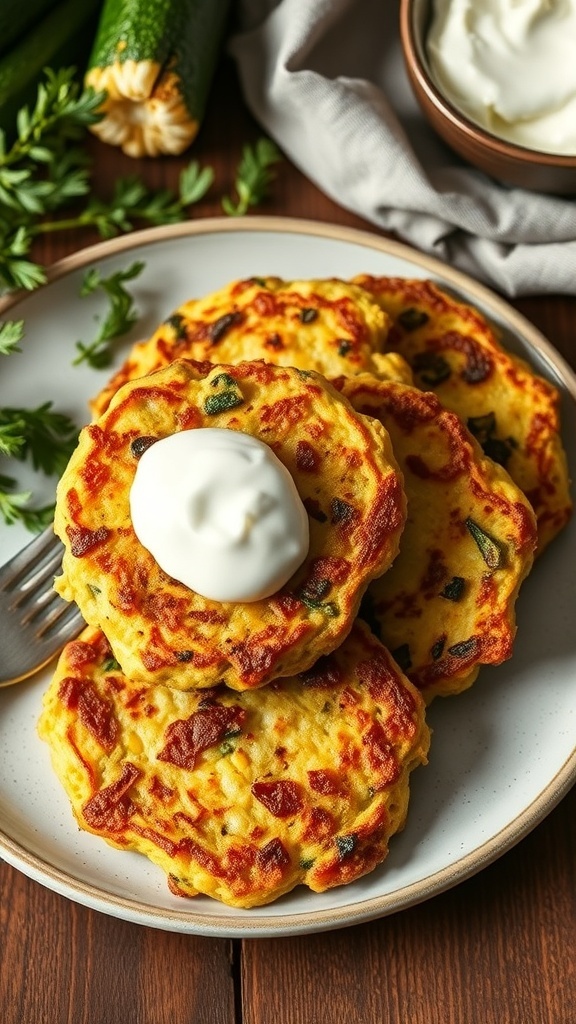 A plate of zucchini and corn fritters topped with sour cream, surrounded by fresh zucchini and herbs.