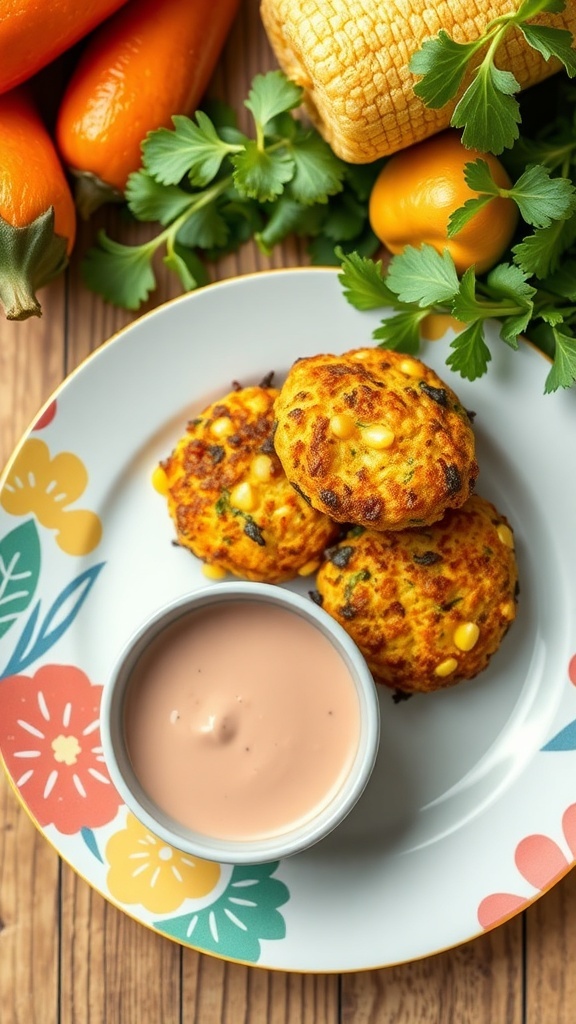Plate of zucchini and corn fritters with a dipping sauce, surrounded by fresh vegetables.