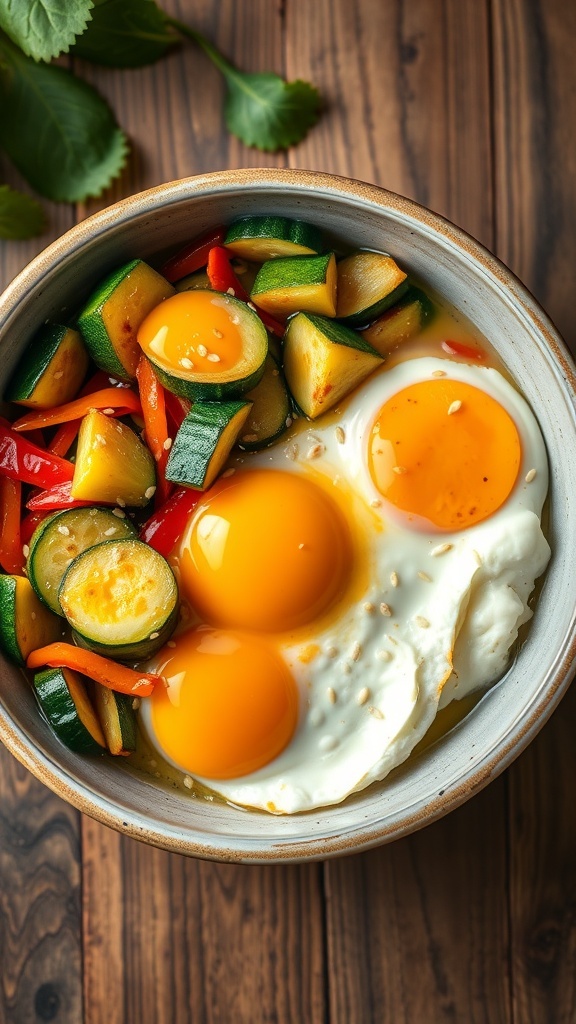 A bowl of zucchini and egg stir-fry with vibrant vegetables and sunny-side-up eggs.